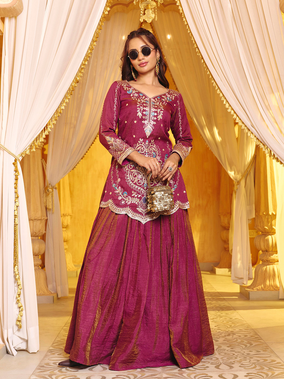 Image of Madhuram Solid, Embroidered Stitched Lehenga & Kurta