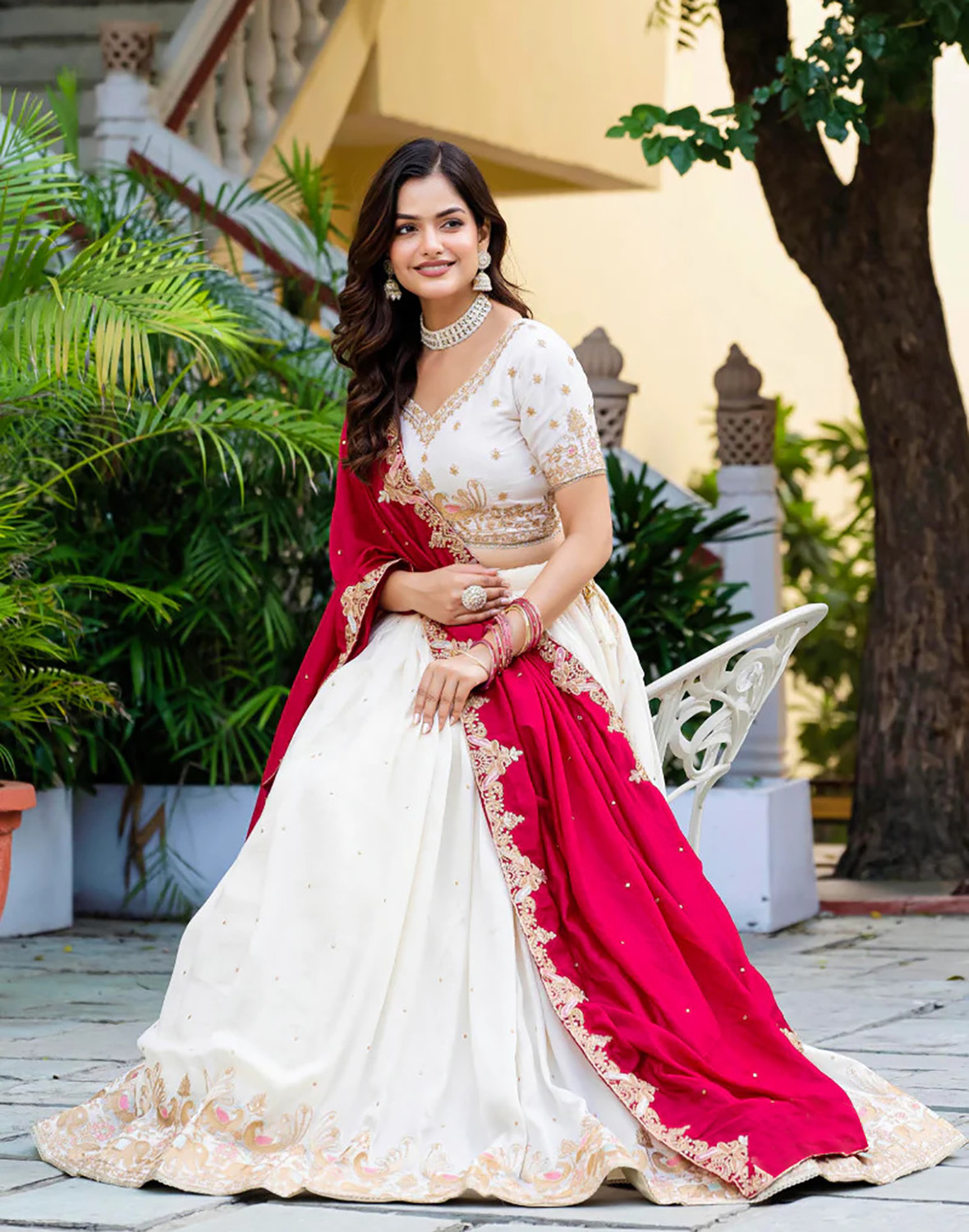 Image of Kedar Fab Embroidered Semi Stitched Lehenga Choli (White, Pink)