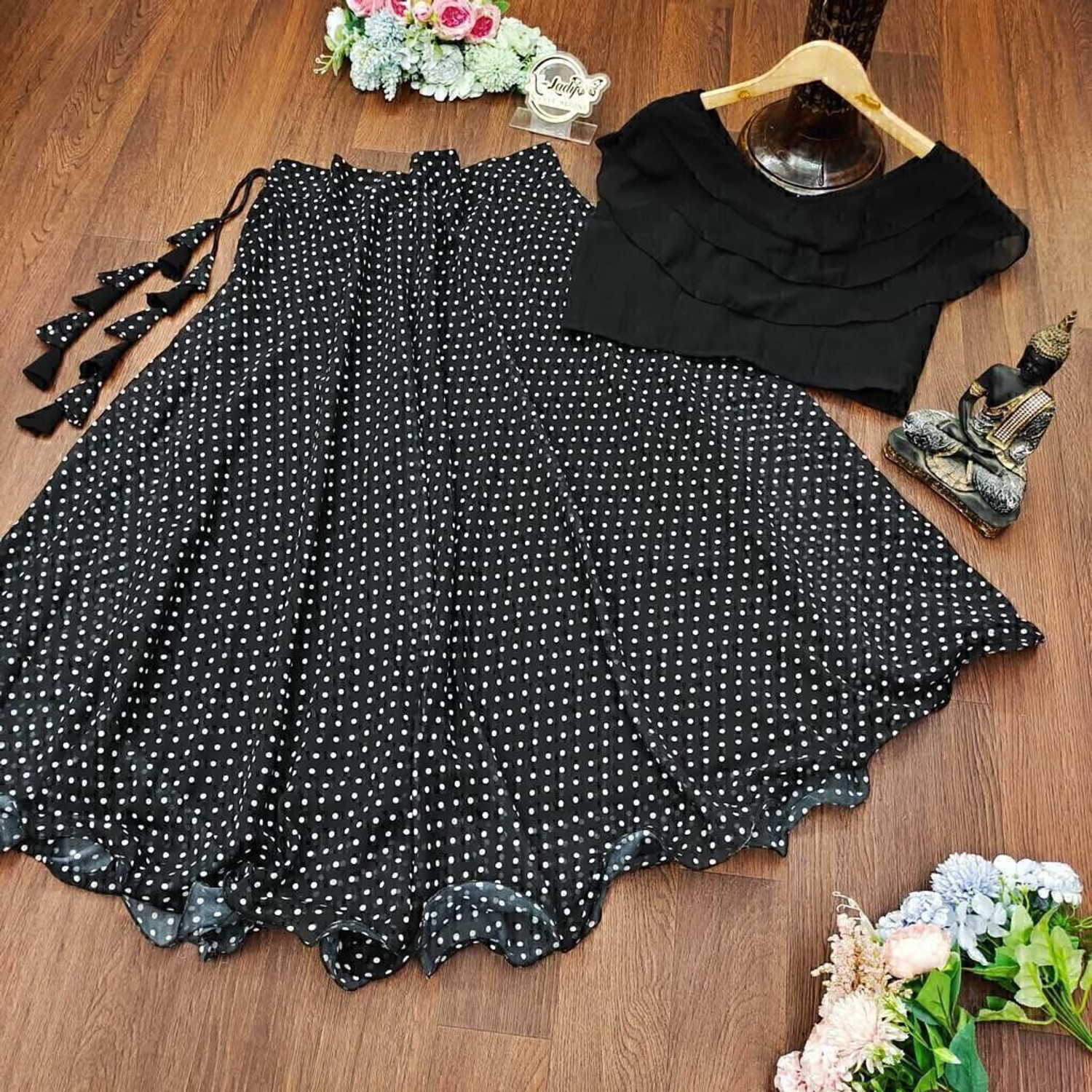 Image of NIHANT ENTERPRISE Polka Print Stitched Lehenga & Crop Top