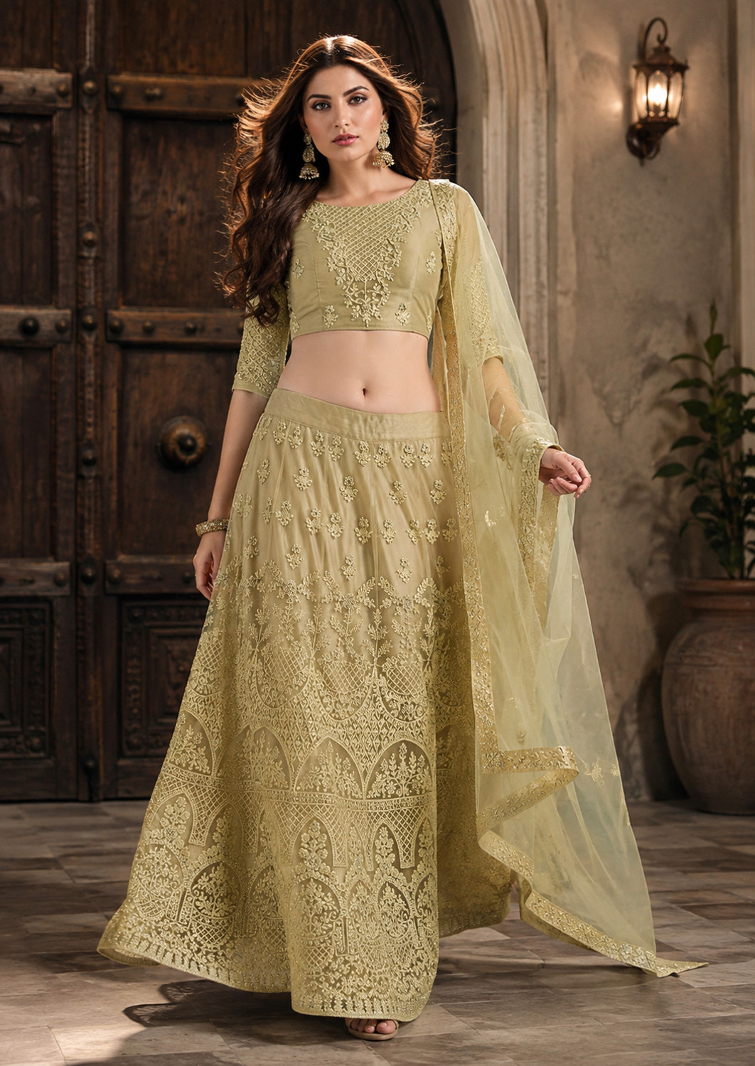 Image of Jayesh Enterprise Embroidered Semi Stitched Lehenga Choli (Beige)