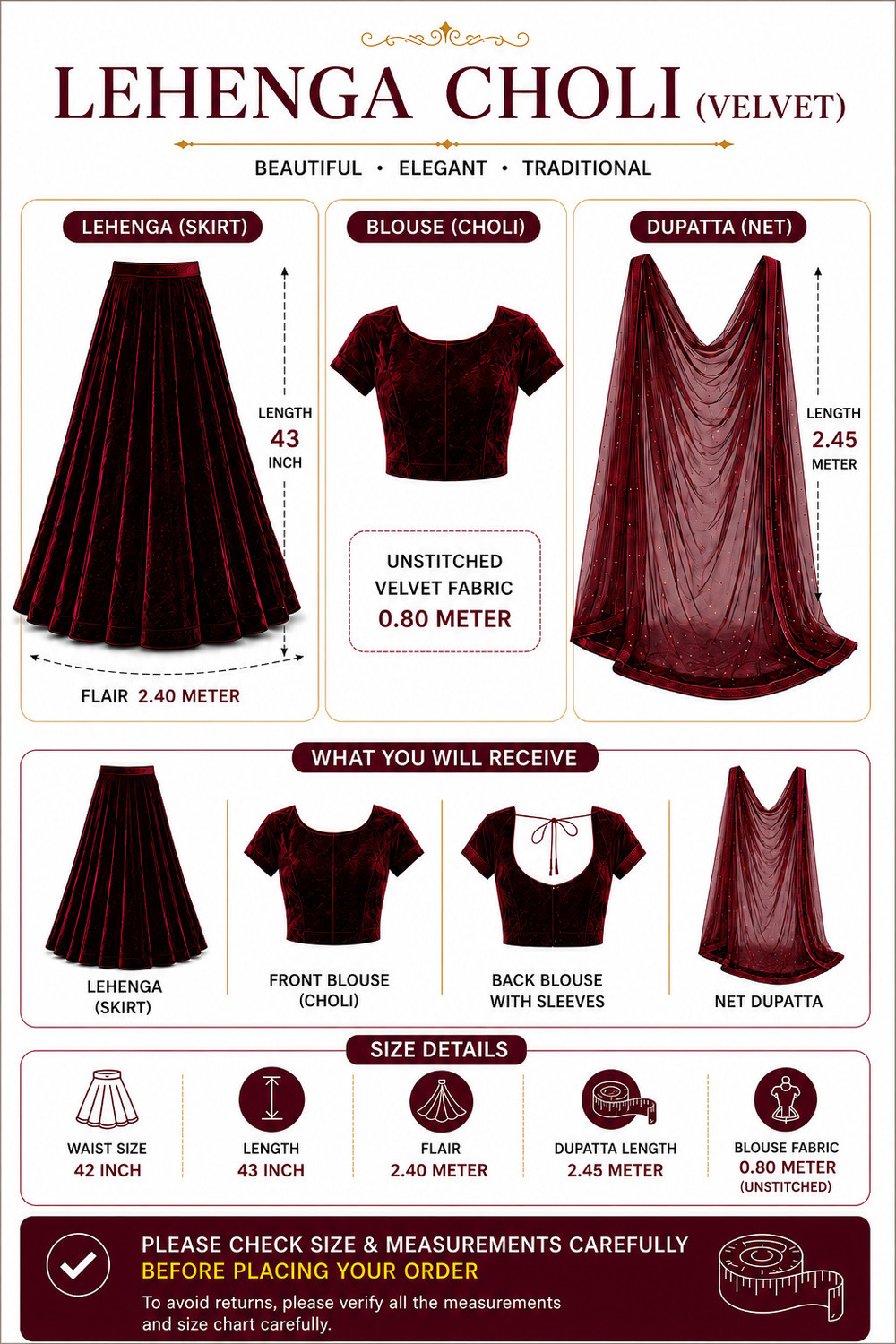 Image of G2J BROTHERS Embroidered Semi Stitched Lehenga Choli (Maroon)
