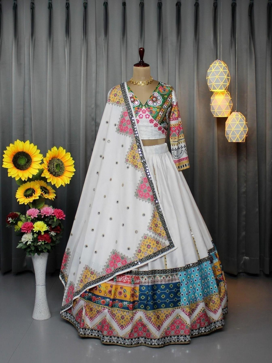 Image of Shubh-Viyan Textiles Bandhani, Floral Print, Printed, Geometric Print, Leheriya, Digital Print Semi Stitched Lehenga Choli