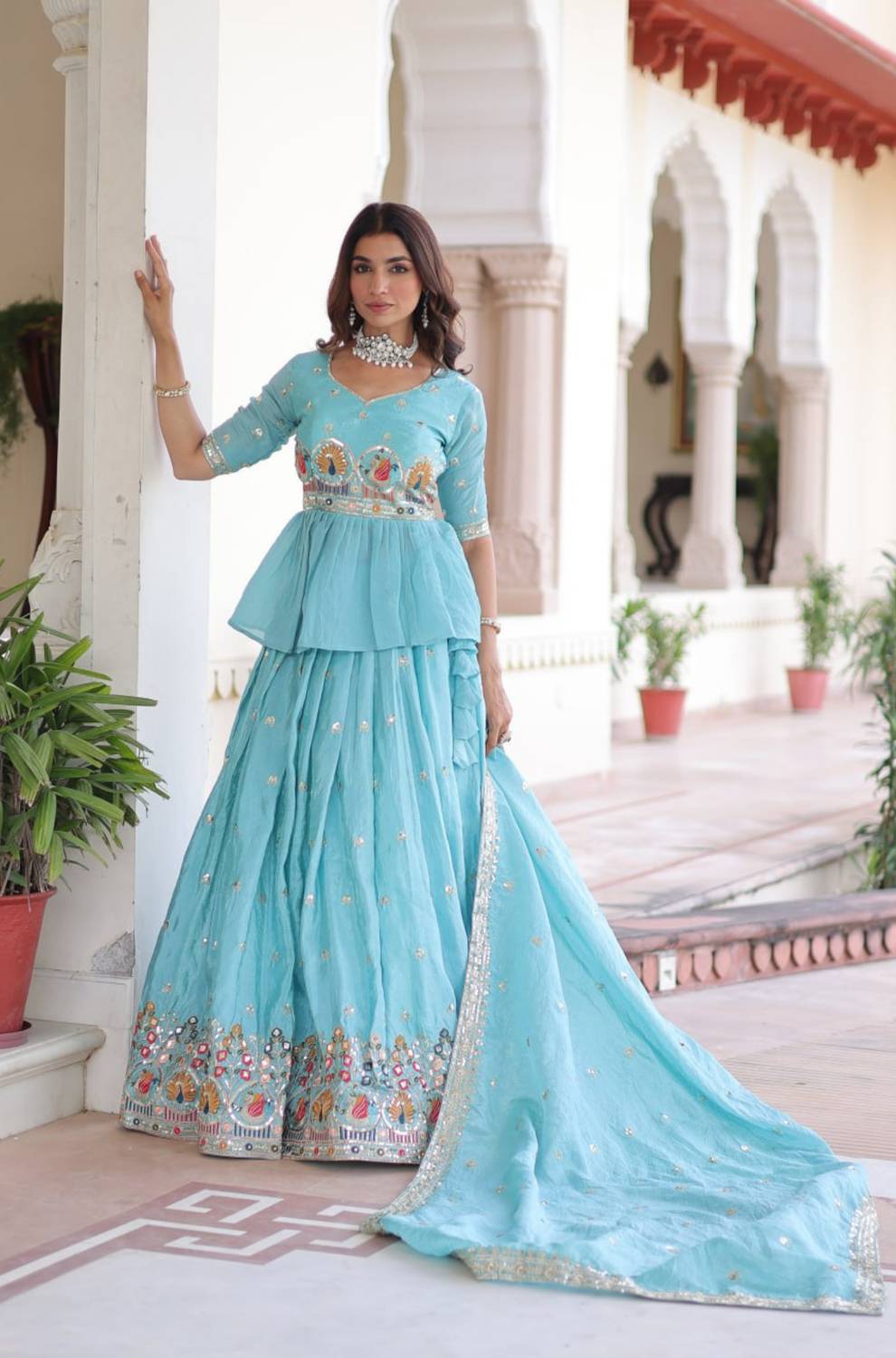 livewear Embroidered Blue Lehenga & Crop Top - Image 3
