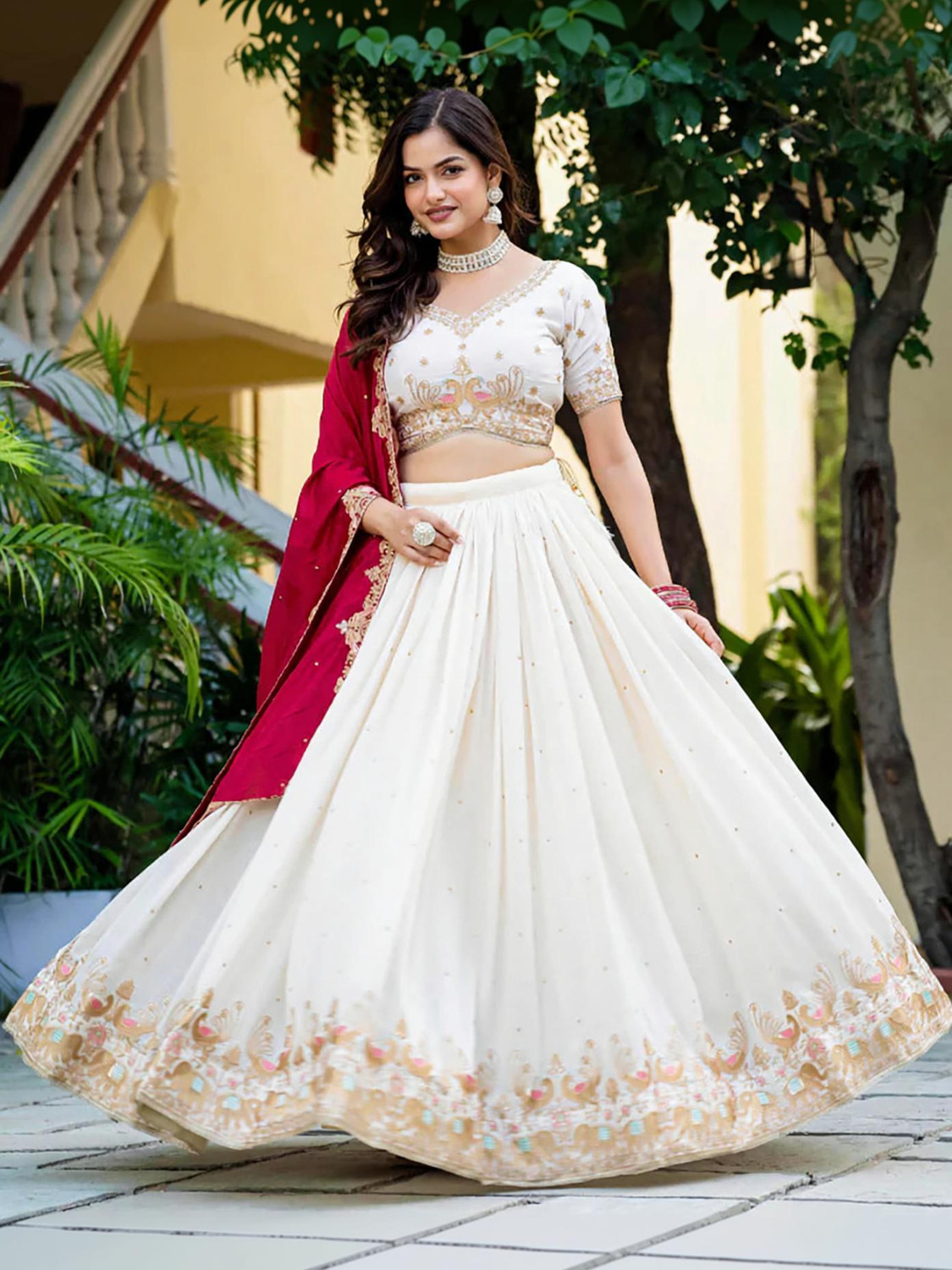 Image of Kedar Fab Embroidered Semi Stitched Lehenga Choli (White, Pink)