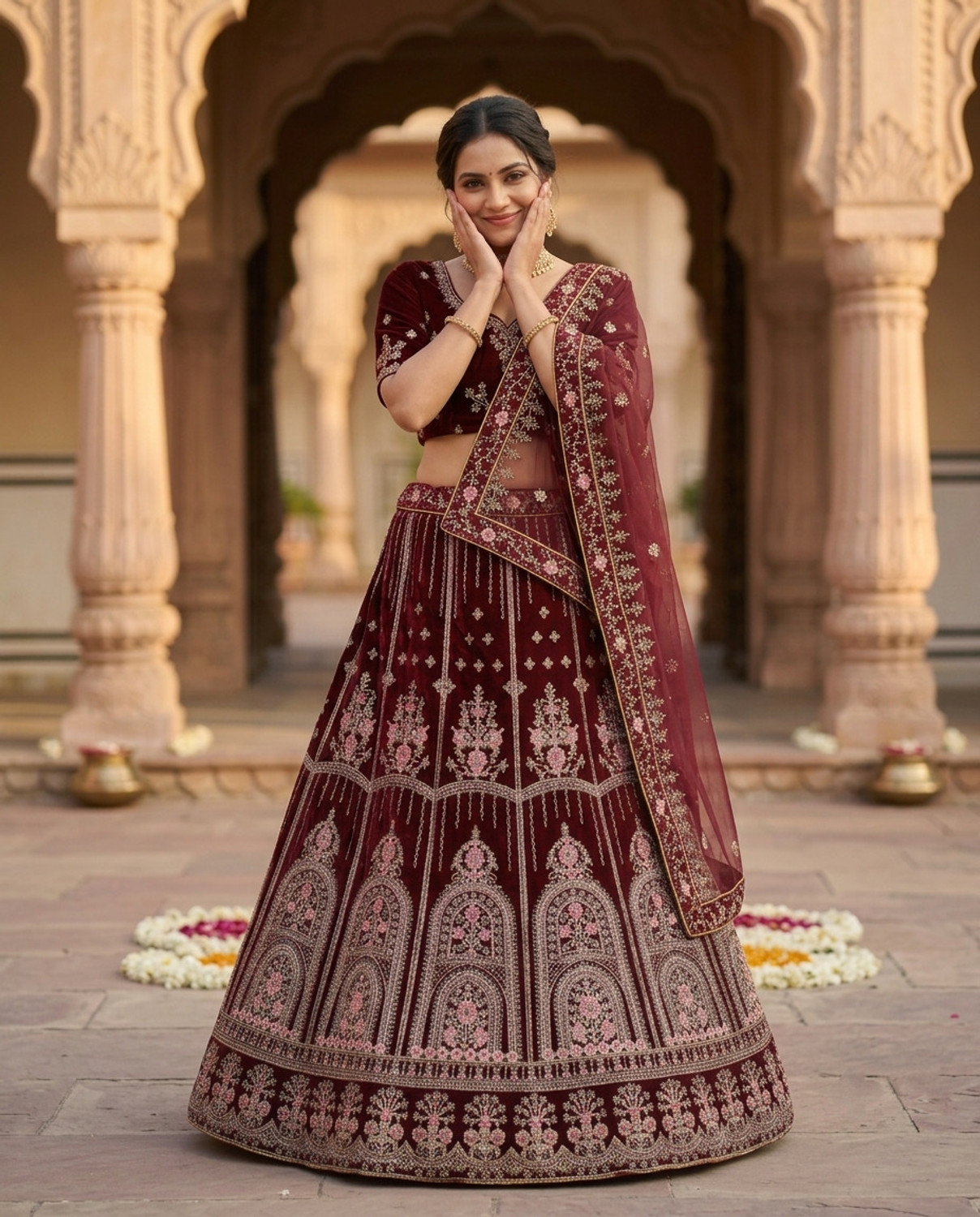 Image of G2J BROTHERS Embroidered Semi Stitched Lehenga Choli (Maroon)