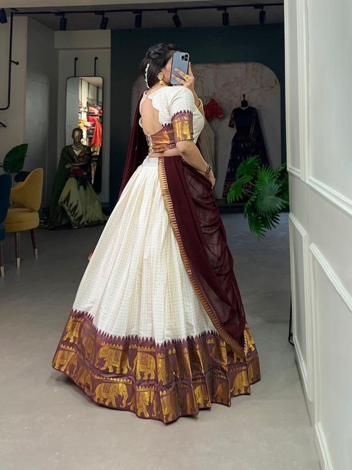 Image of MRRSH EMPORIUM Self Design Semi Stitched Lehenga Choli (White, Maroon)