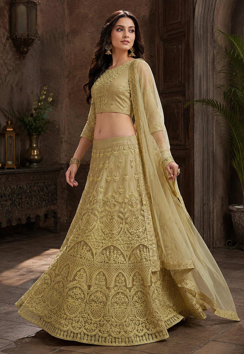 Image of Jayesh Enterprise Embroidered Semi Stitched Lehenga Choli (Beige)