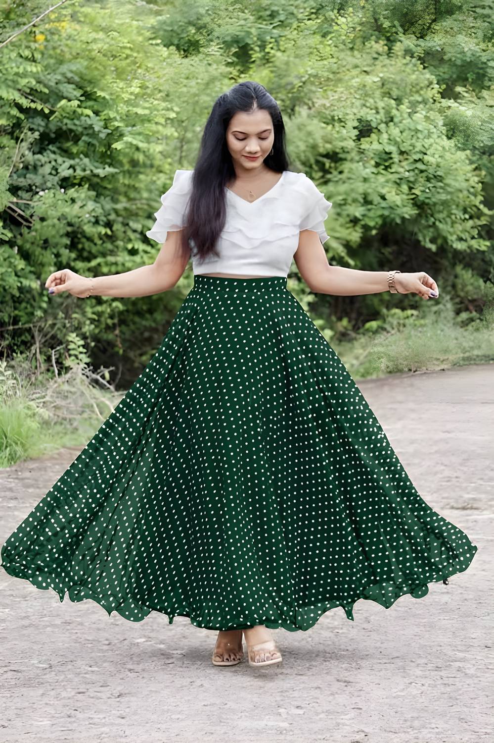 Zestleaf Polka Print Stitched Lehenga & Crop Top