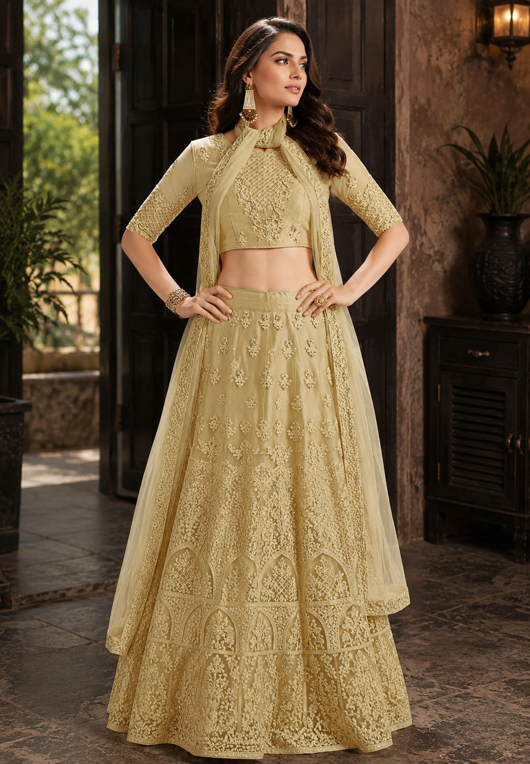 Image of Jayesh Enterprise Embroidered Semi Stitched Lehenga Choli (Beige)