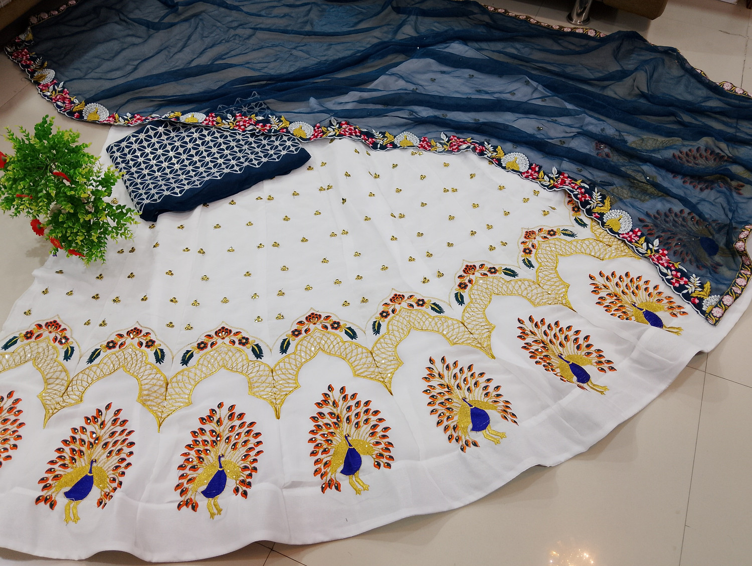 Image of HOUSE OF COMMON Embroidered Semi Stitched Lehenga Choli (White)