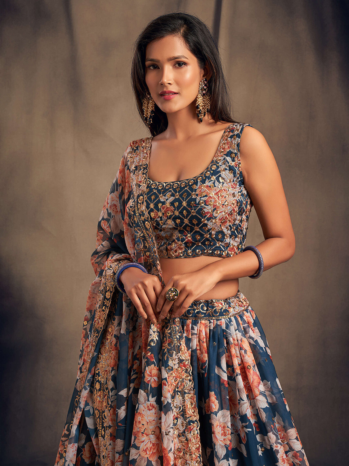 Image of ANADI Digital Print Semi Stitched Lehenga & Crop Top