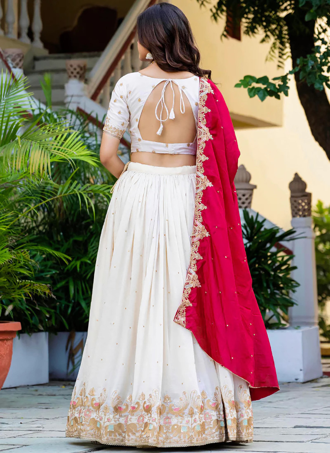 Image of Kedar Fab Embroidered Semi Stitched Lehenga Choli (White, Pink)