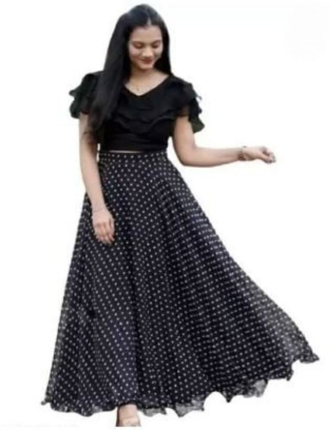 Image of NIHANT ENTERPRISE Polka Print Stitched Lehenga & Crop Top