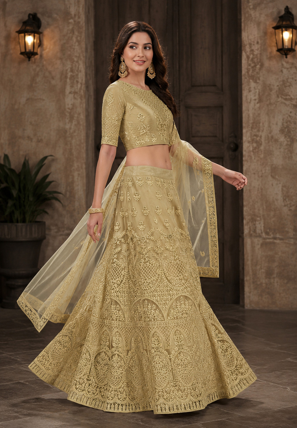 Image of Jayesh Enterprise Embroidered Semi Stitched Lehenga Choli (Beige)