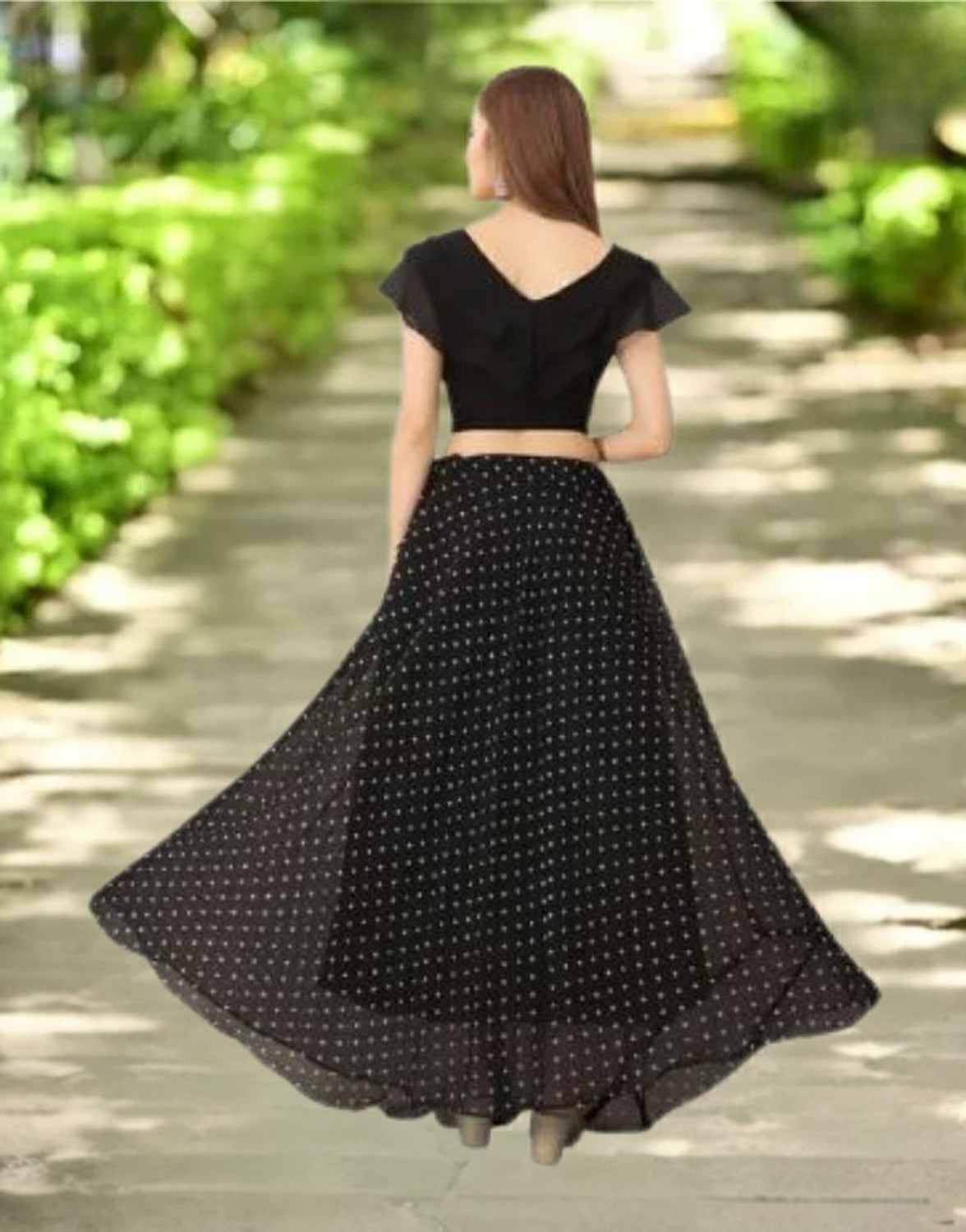 Image of NIHANT ENTERPRISE Polka Print Stitched Lehenga & Crop Top