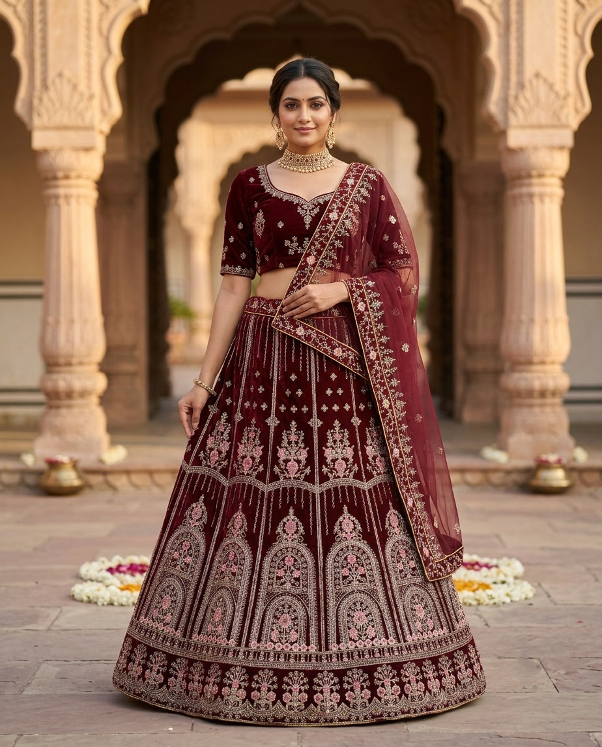 Image of G2J BROTHERS Embroidered Semi Stitched Lehenga Choli (Maroon)