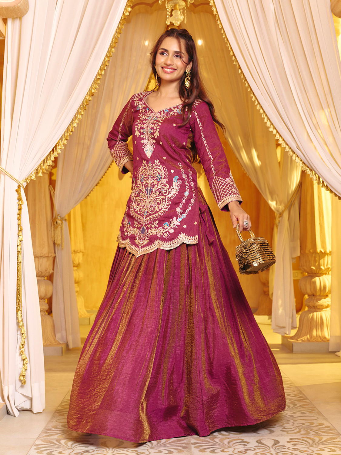 Image of Madhuram Solid, Embroidered Stitched Lehenga & Kurta