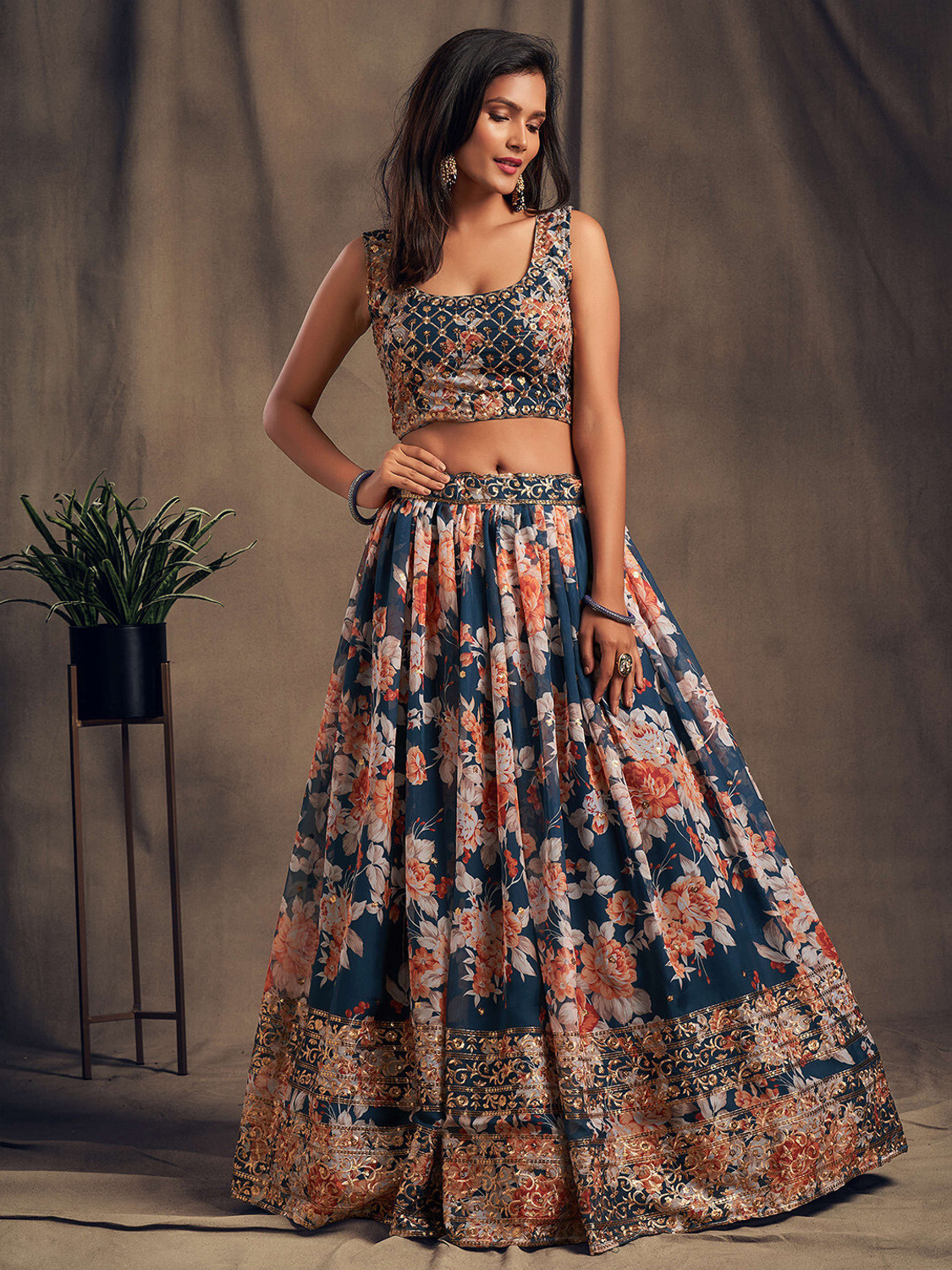 Image of ANADI Digital Print Semi Stitched Lehenga & Crop Top