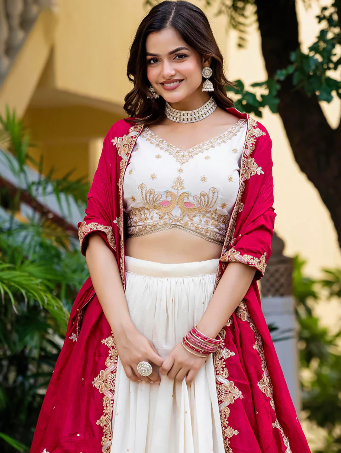 Image of Kedar Fab Embroidered Semi Stitched Lehenga Choli (White, Pink)