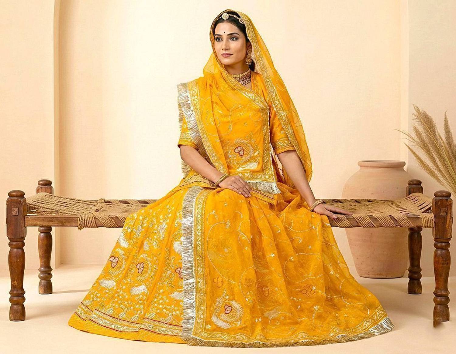 Bhawani Collection Embroidered Semi Stitched Rajputi Poshak
