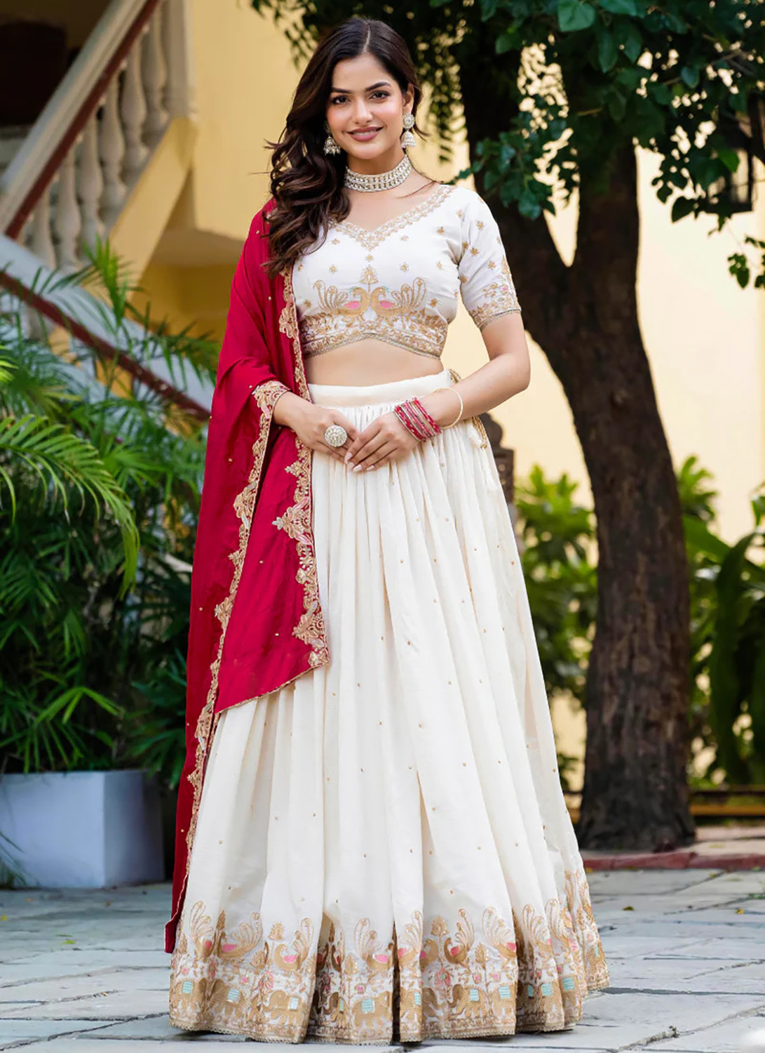 Image of Kedar Fab Embroidered Semi Stitched Lehenga Choli (White, Pink)