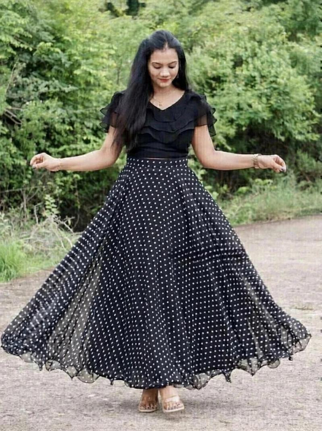 Image of NIHANT ENTERPRISE Polka Print Stitched Lehenga & Crop Top