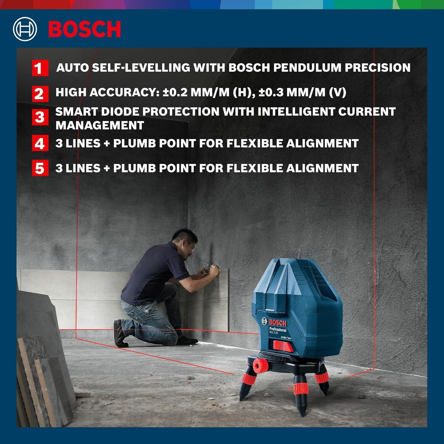 Image of BOSCH Self Leveling Line Laser GLL 3-15 X Non-magnetic Engineer's Precision Level