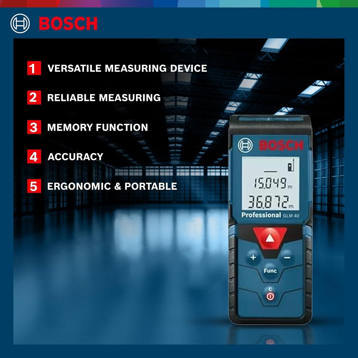 Image of BOSCH GLM 40-12 Professional Laser Distance Measurer | Without Battery | Range up to 40m | Memory Function | IP54 | Non-magnetic Engineer's Precision Level
