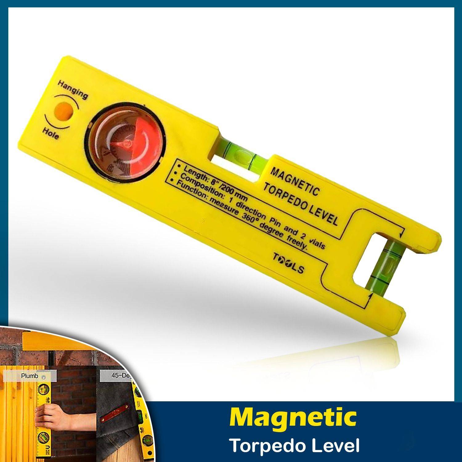 ARQEST Magnetic Torpedo Level Set – 200mm/8 Inch Spirit Level A_a4 8" Long, Measures 360 Magnetic Torpedo Level with Magnet and 2 Vials Magnetic Torpedo Level