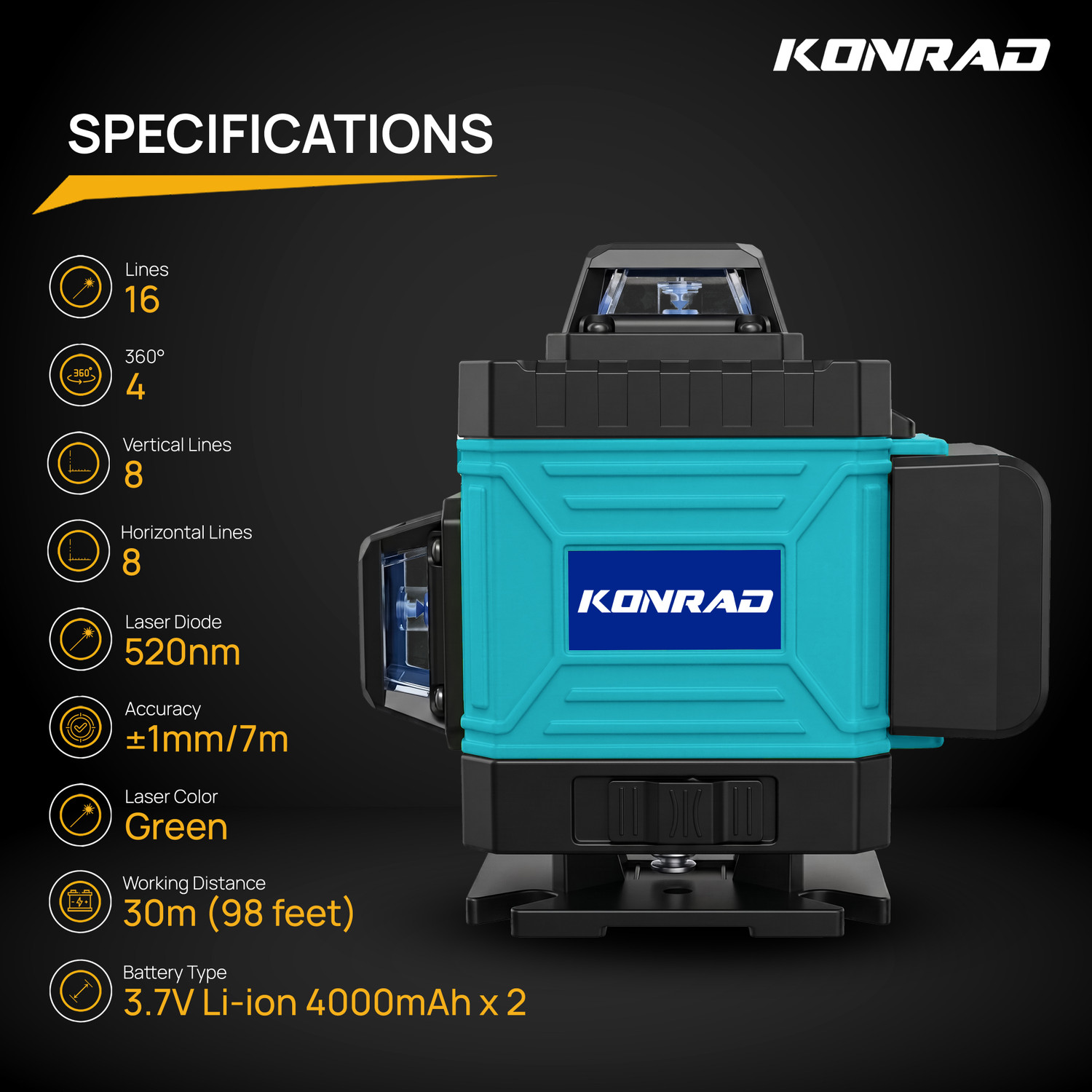 Image of Tomahawk KON-1288 |16 Lines,4x360 4D Green Cross Line Professional Laser & Remote Controller| Non-magnetic Line Level