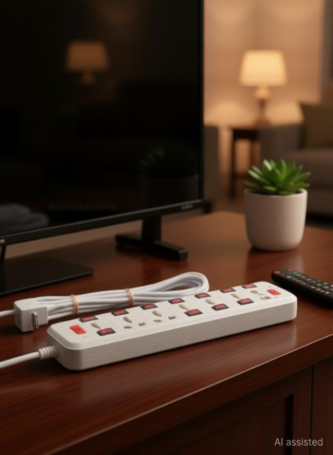 Image of Om Traders 7 Socket Extension Cord With Individual Switches FUSE Led Indicator 7 Socket Extension Boards (White)(RED) 7 Socket Extension Boards (White) 144 inch copper long wire Copper Light Socket