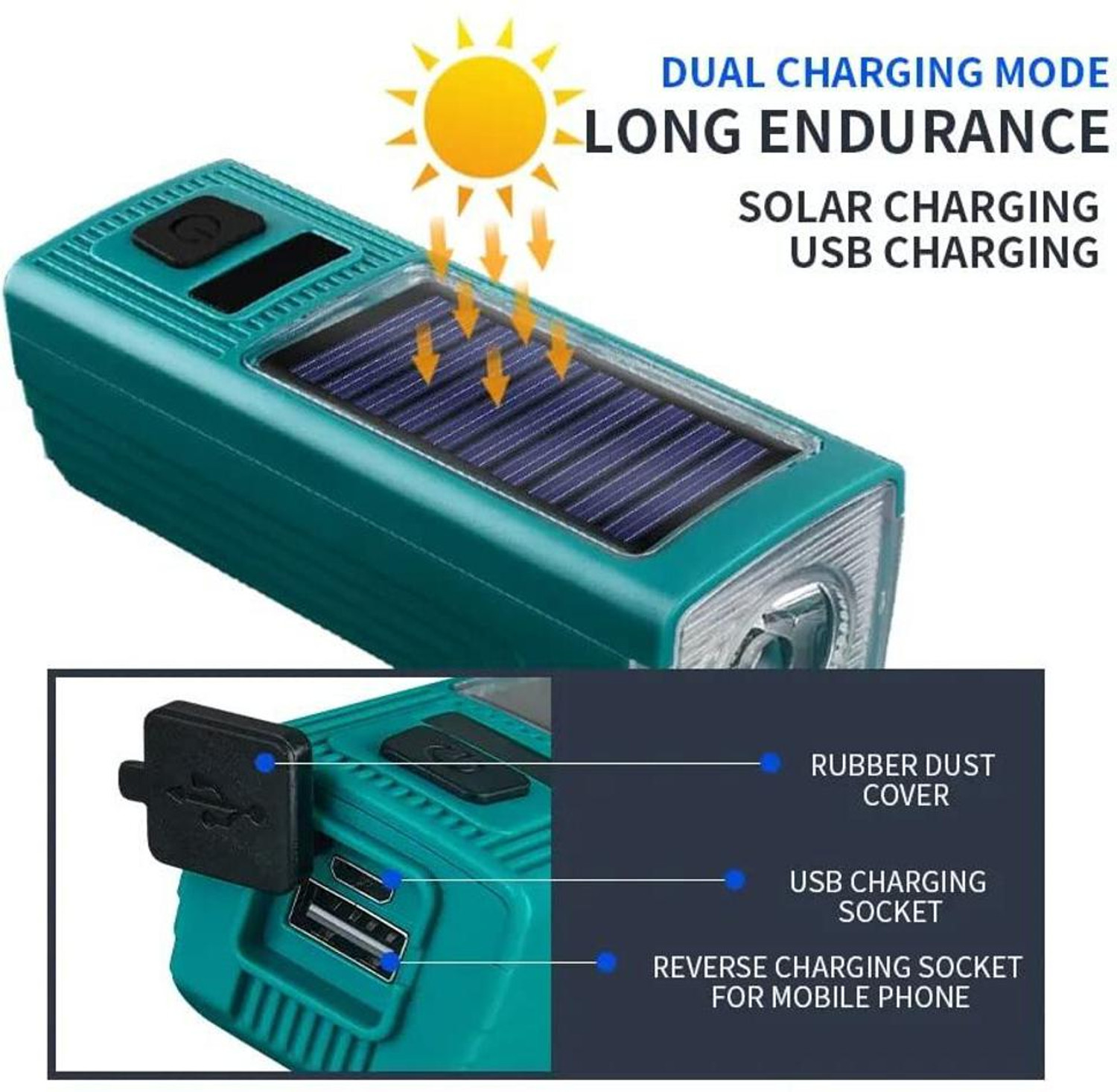 Image of Dark Horse Solar Powered Bicycle USB Light, Power Display 2000 mAh 4 Mode 300 LM 130 Db New LED Front Light