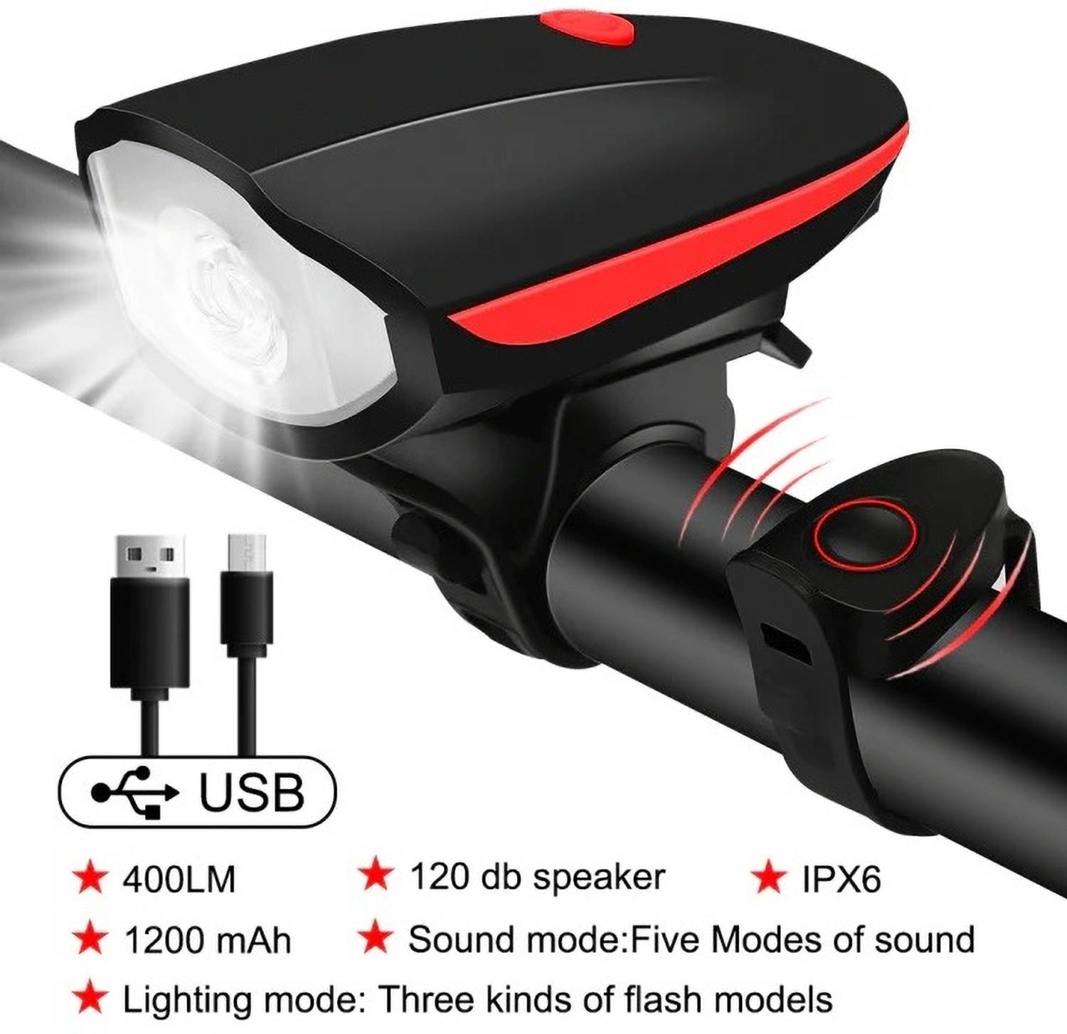 HAPPYRIDER USB Rechargeable Bike Horn And Light 140 DB with Super