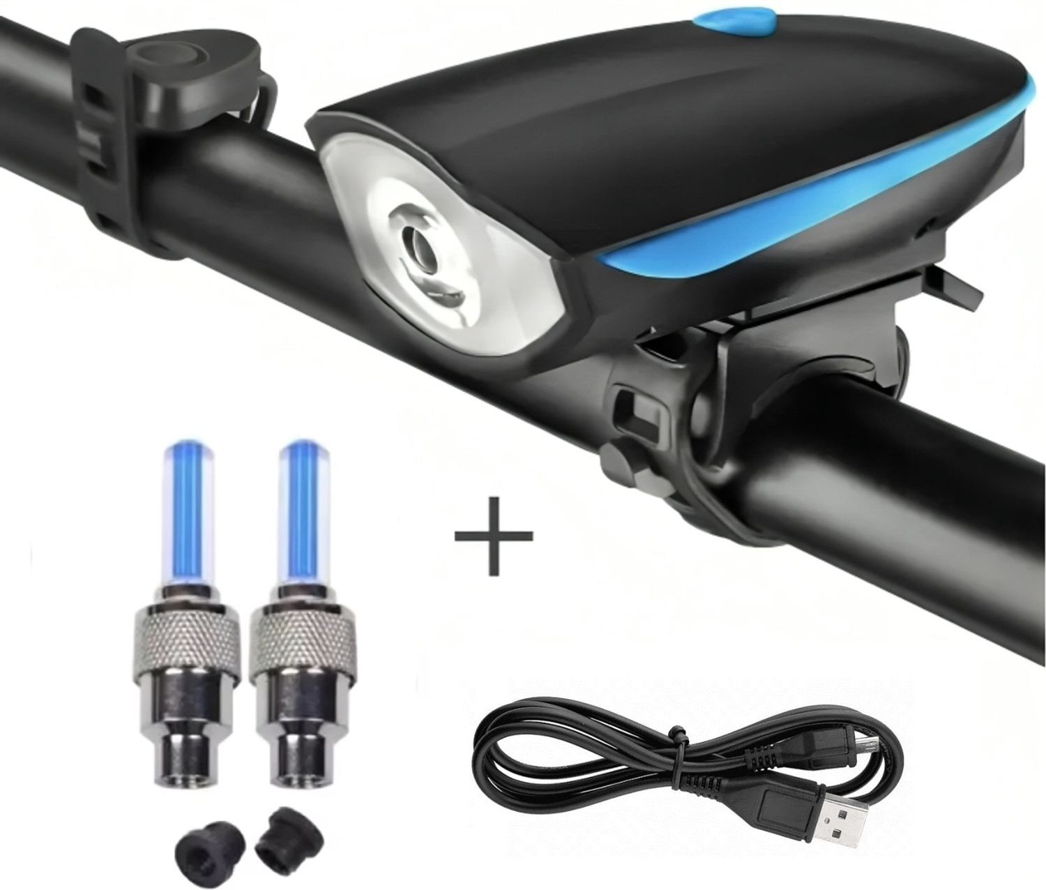 Image of BLACKBELL USB Rechargeable Bicycle Horn LED Front Light with 2 LEDs Blue Valve Lights LED Front Rear Light Combo