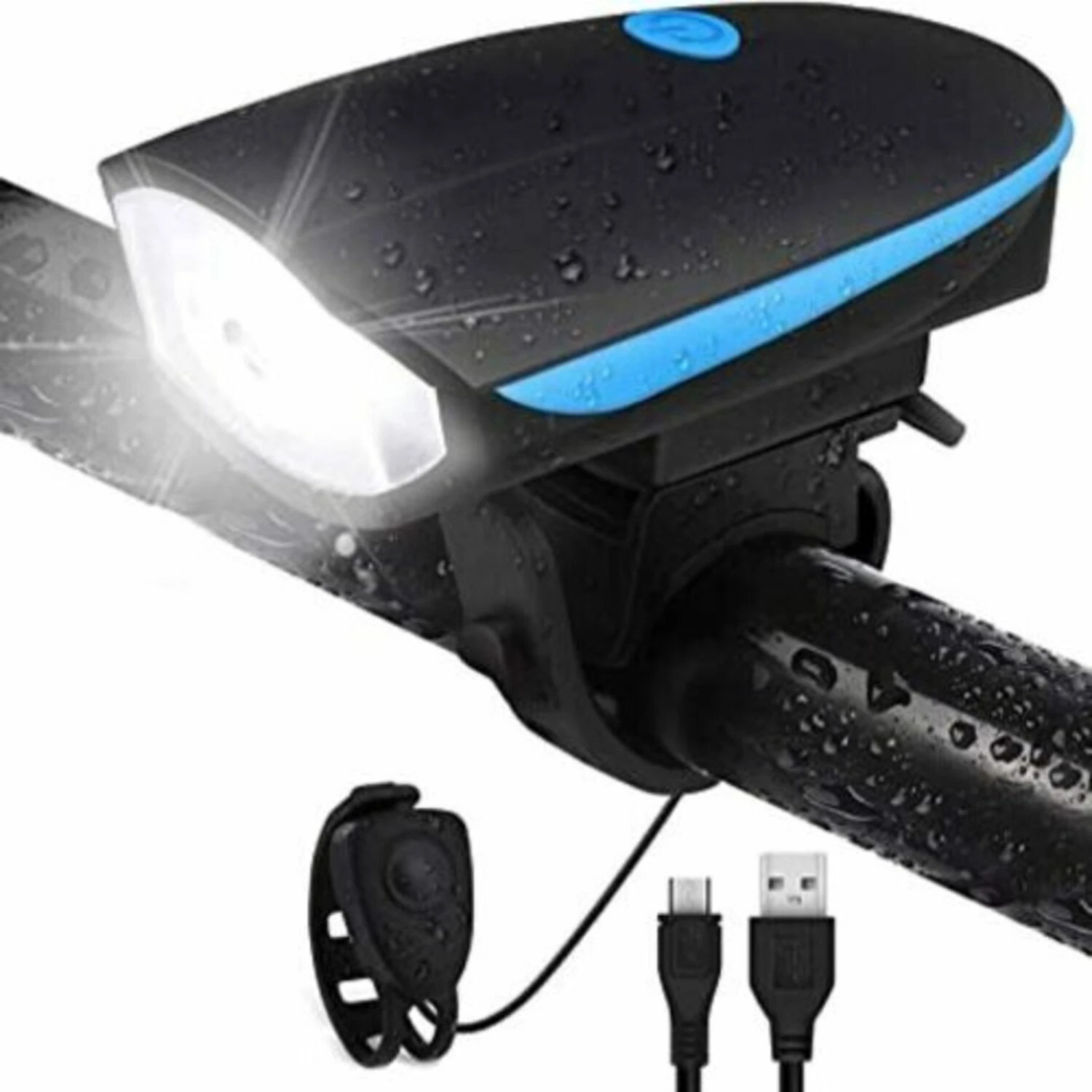 Image of FABSPORTS USB Rechargeable Cycle Horn with Light Cycle Tail Light Cycle Blue Valve Light LED Front Rear Light Combo
