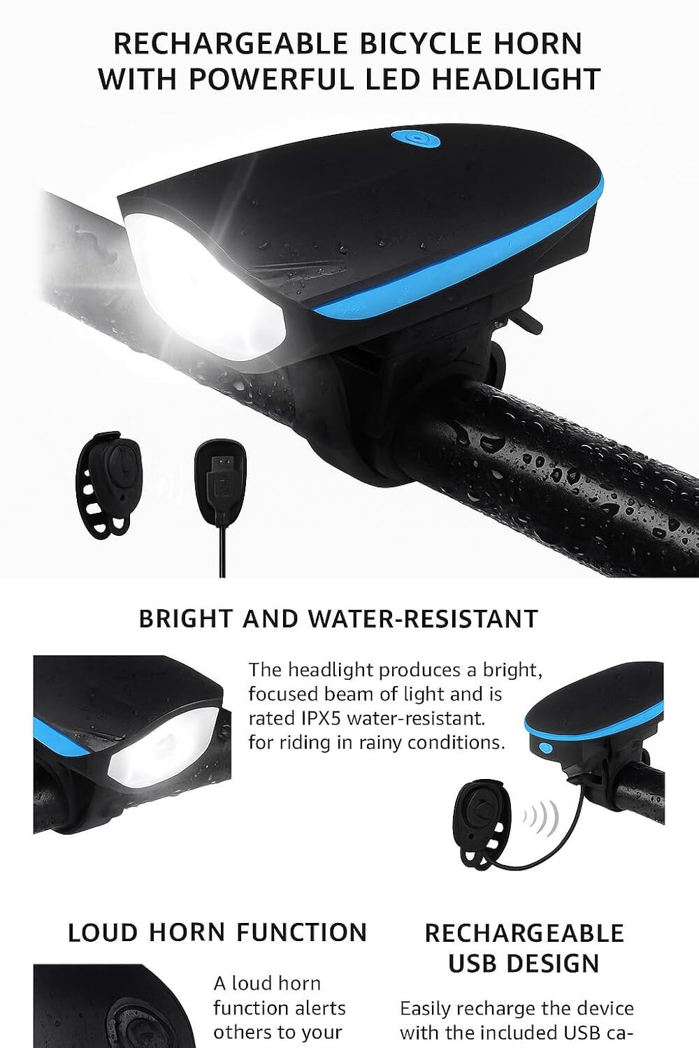 Image of Nubby Dotss Cycle Horn and Light 140 DB with Light 3 Modes Super Bright 250 lumens LED Front Light