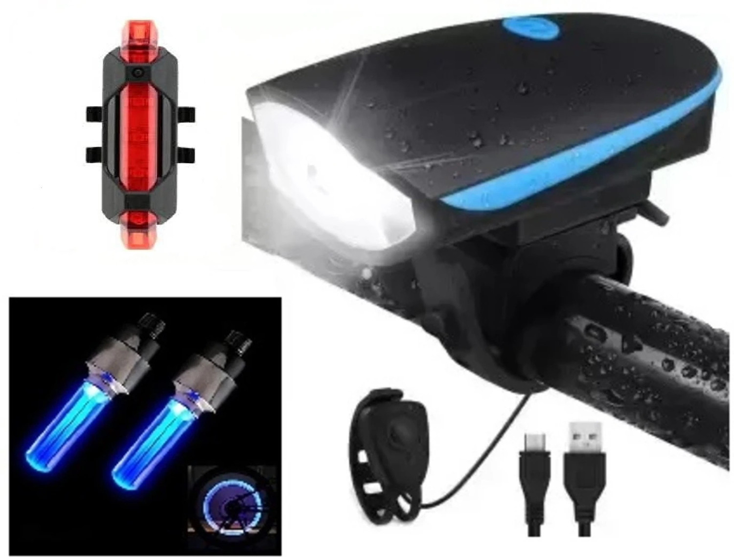 Image of FABSPORTS USB Rechargeable Cycle Horn with Light Cycle Tail Light Cycle Blue Valve Light LED Front Rear Light Combo