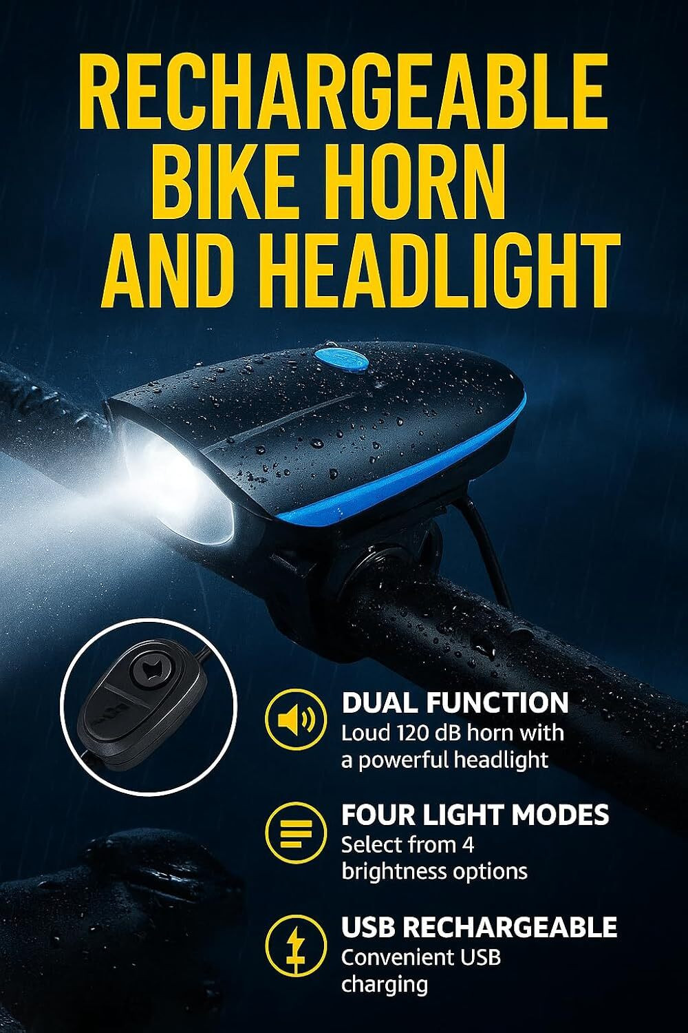 Image of Nubby Dotss Cycle Horn and Light 140 DB with Light 3 Modes Super Bright 250 lumens LED Front Light