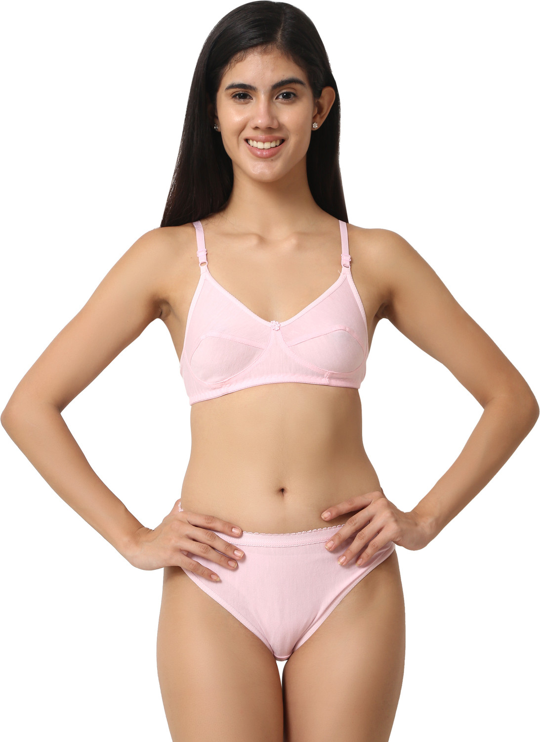Image of Cotton Plus Bra & Panty Set Solid Pink Lingerie Set