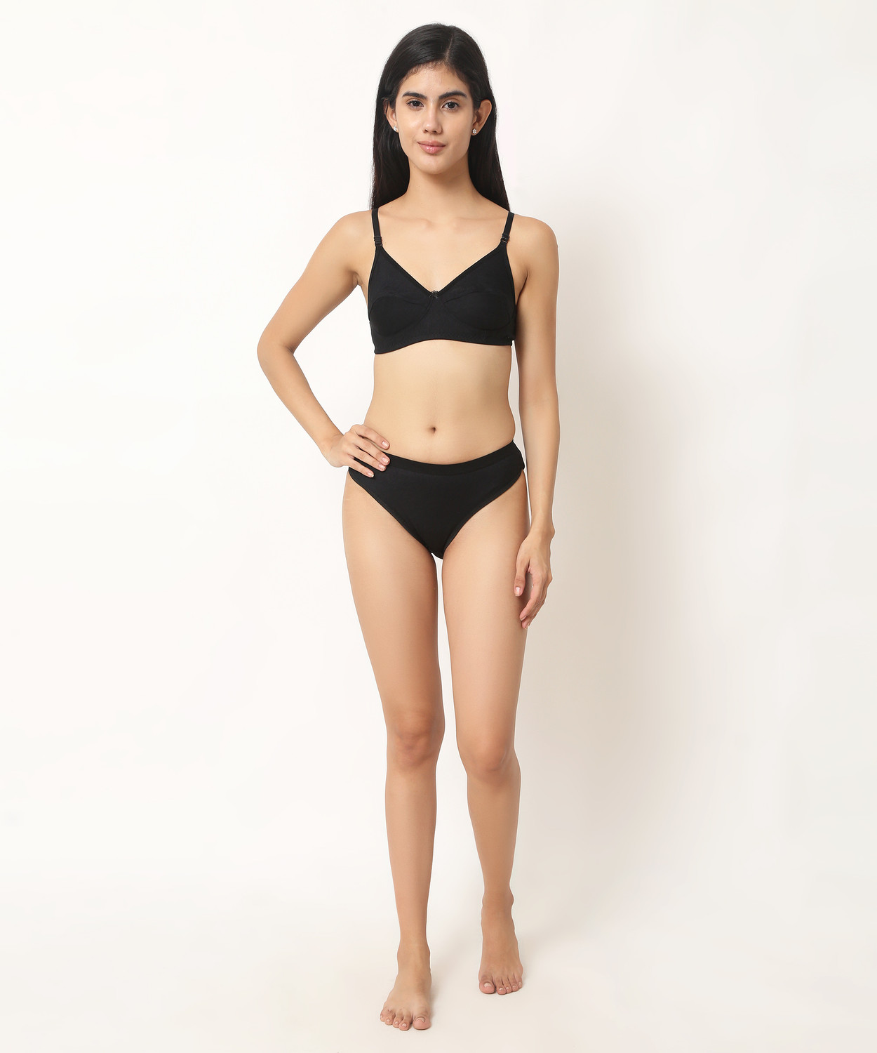 Image of Cotton Plus Bra & Panty Set Solid Black Lingerie Set