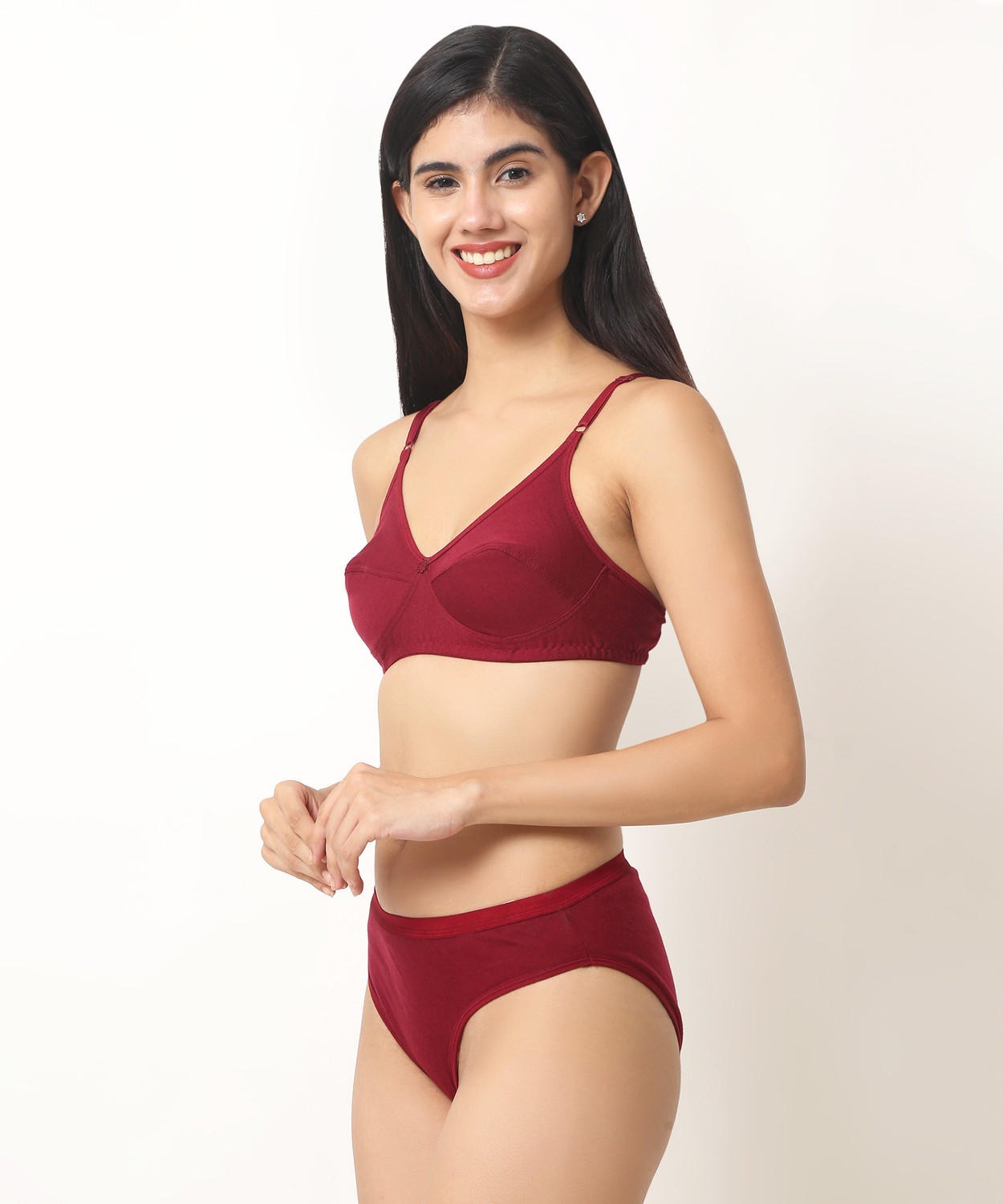 Image of Cotton Plus Bra & Panty Set Solid Maroon Lingerie Set