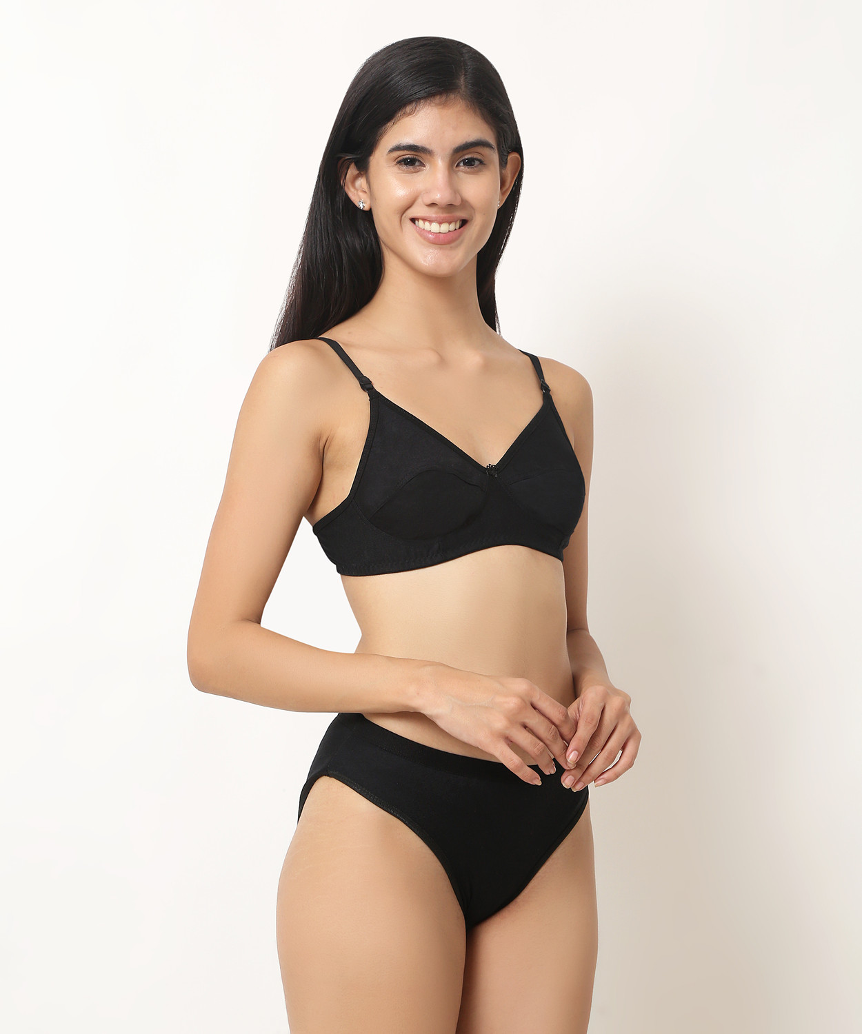 Image of Cotton Plus Bra & Panty Set Solid Black Lingerie Set