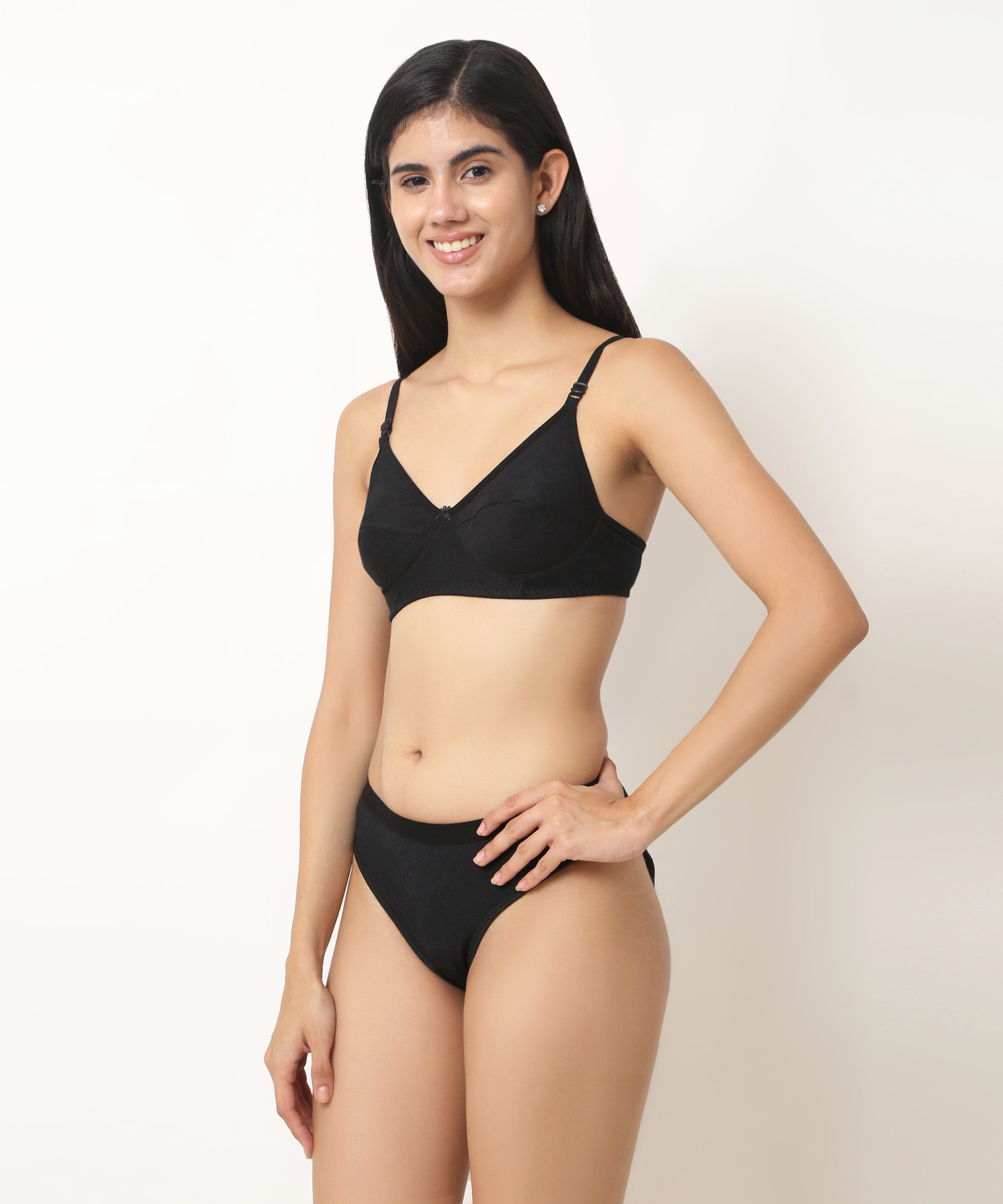 Image of Cotton Plus Bra & Panty Set Solid Black Lingerie Set