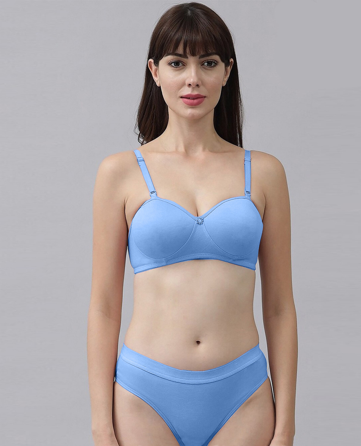 Image of Fixfolk Bra & Panty Set Solid Light Blue Lingerie Set