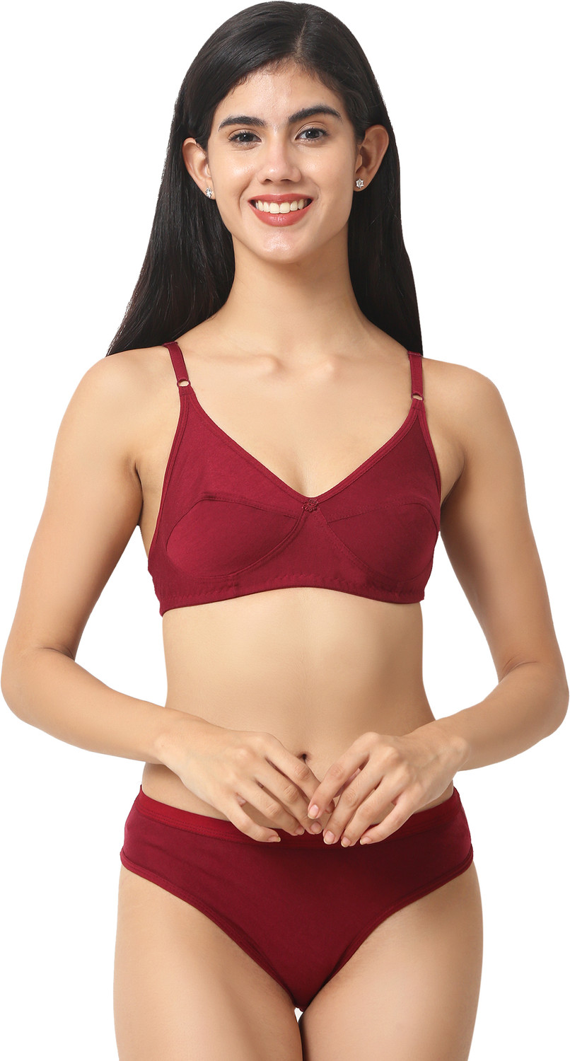 Image of Cotton Plus Bra & Panty Set Solid Maroon Lingerie Set
