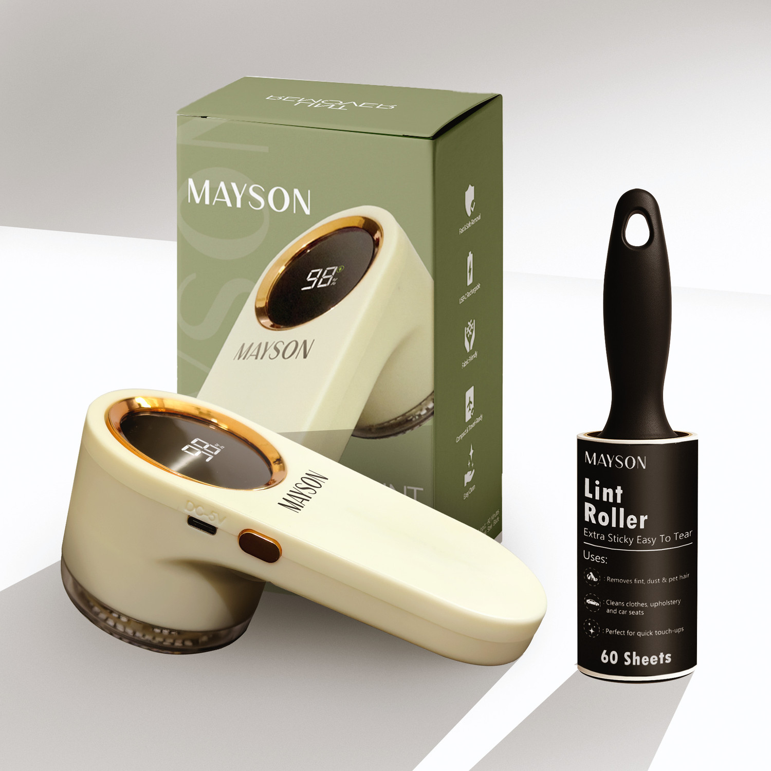 Image of MAYSON Electric Lint Remover with Free 180 Sheet Lint Roller (White) Lint Roller