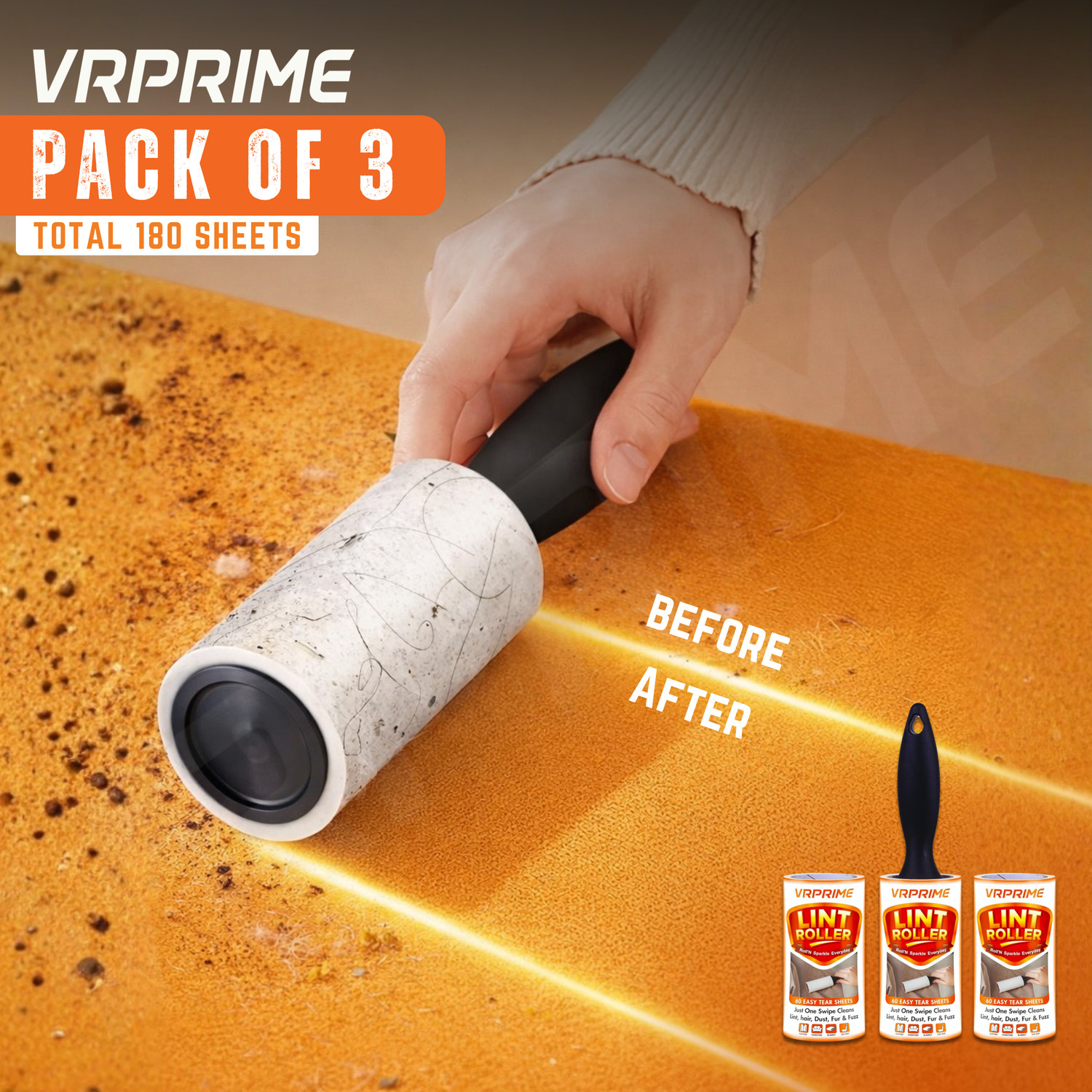 Image of VRPRIME Reusable Lint Remover for Clothes | 180 Easy-Tear Sticky Sheets Lint Roller