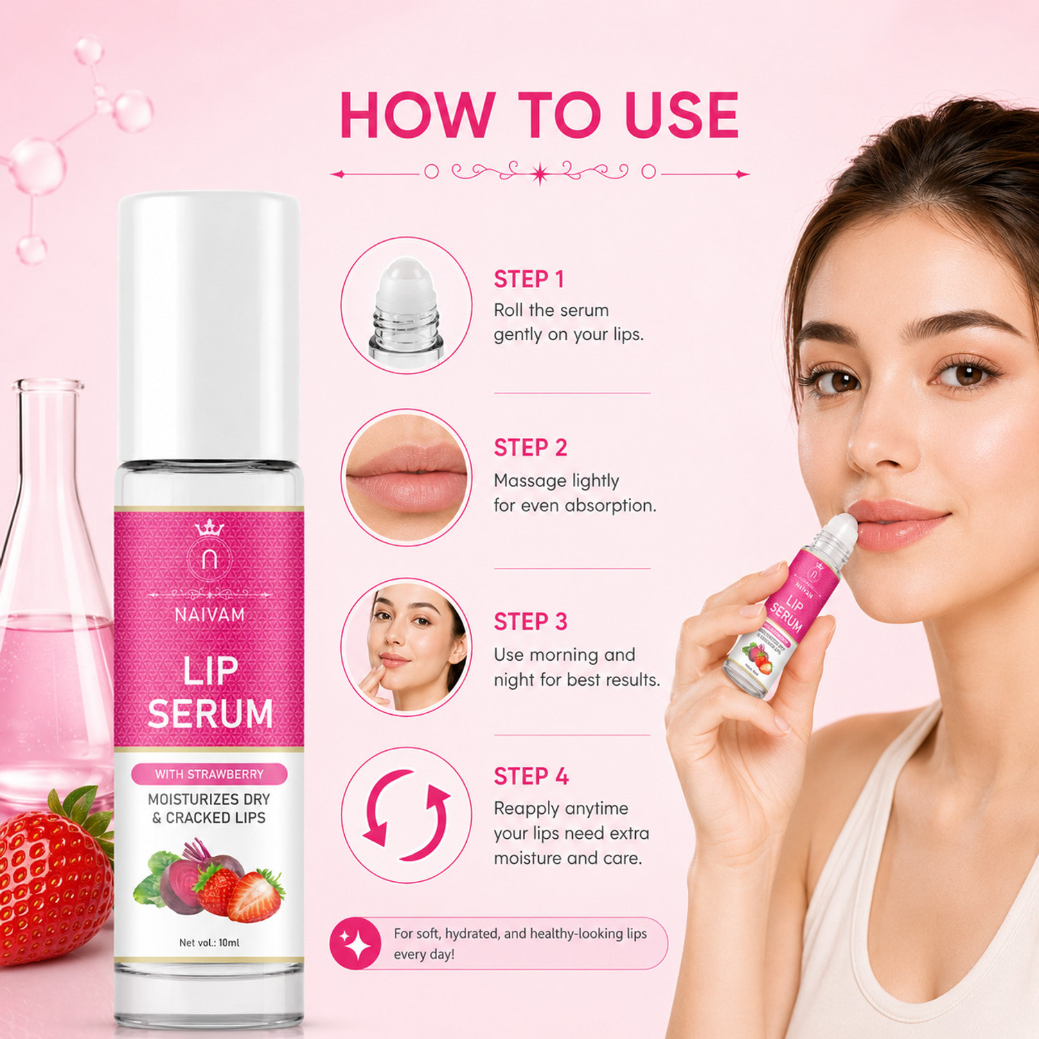 Image of Naivam Lip Serum - Advanced Brightening Therapy for Soft, Moisturised Lips (2x10ml) Strawberry (Pack of: 2, 20 ml)