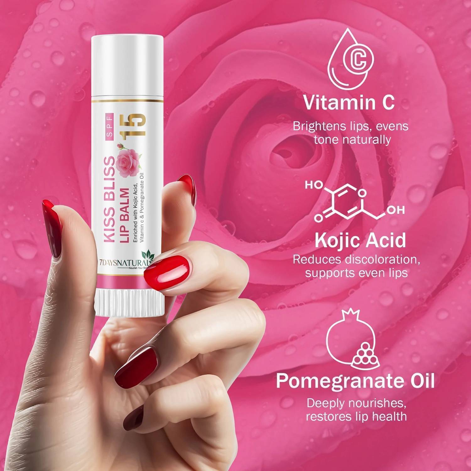 7days natural Rose Tinted Vitamin C + Kojic Acid LiP Balm, SPF 15, for  Brighten & Shiny Lip Rose