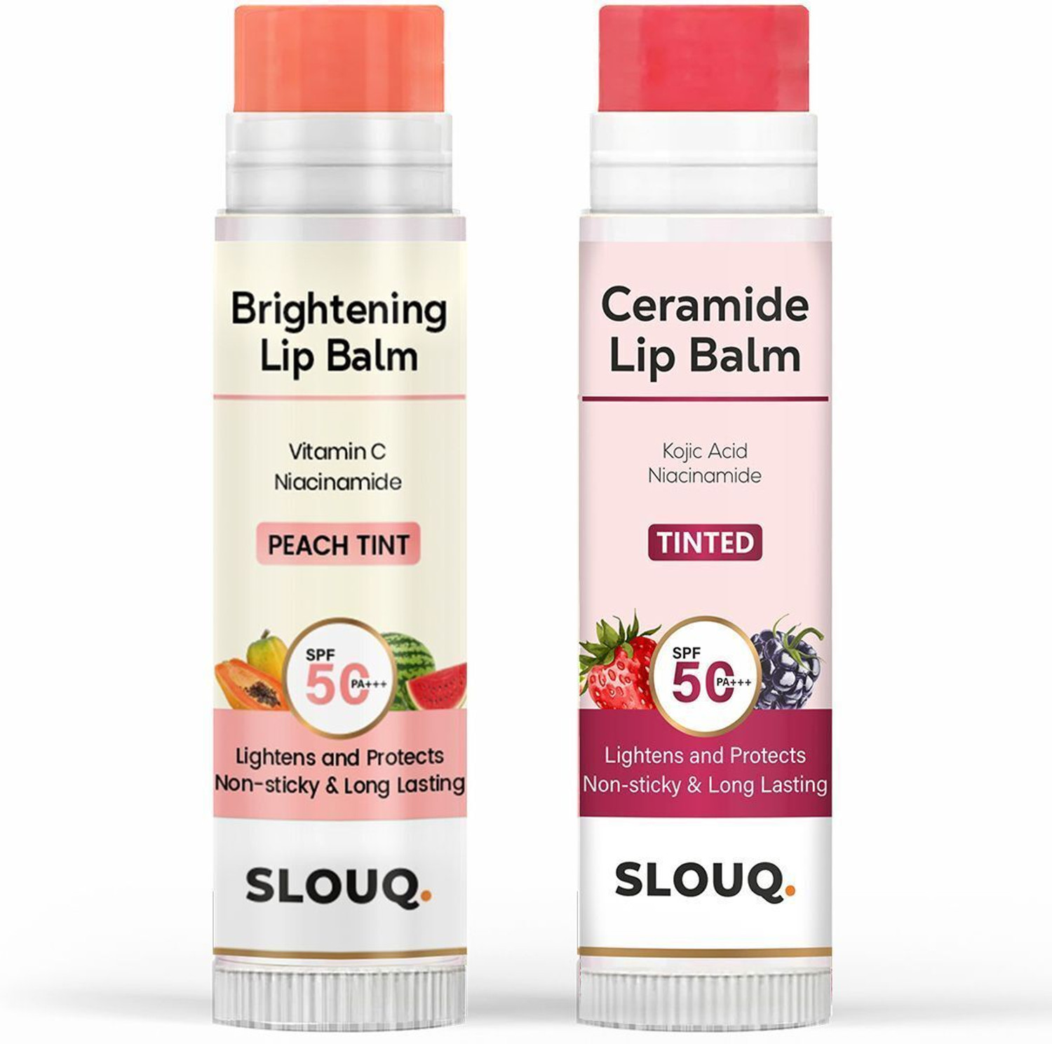 SLOUQ Tinted LipBalm Combo (Pink & Peach) |SPF 50 PA+++ | With Niacinamide & Vitamin C Strawberry + Watermelon